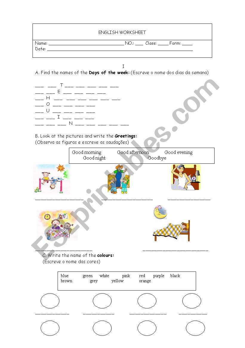 Worksheet greetinga and colours