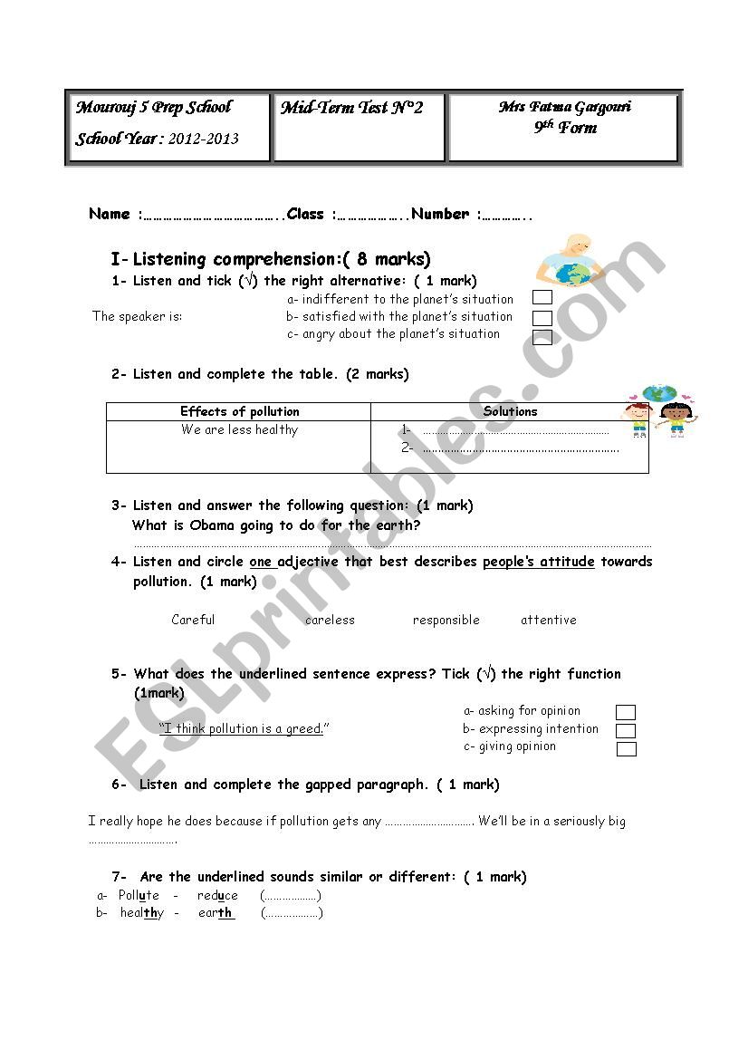9th form Mid-Term Test N2 worksheet