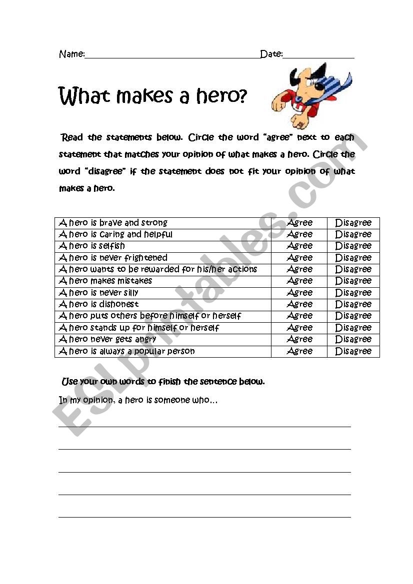 What makes a hero? worksheet