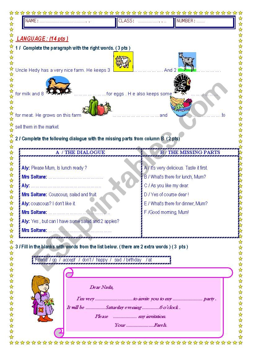 test for 7th form: language worksheet