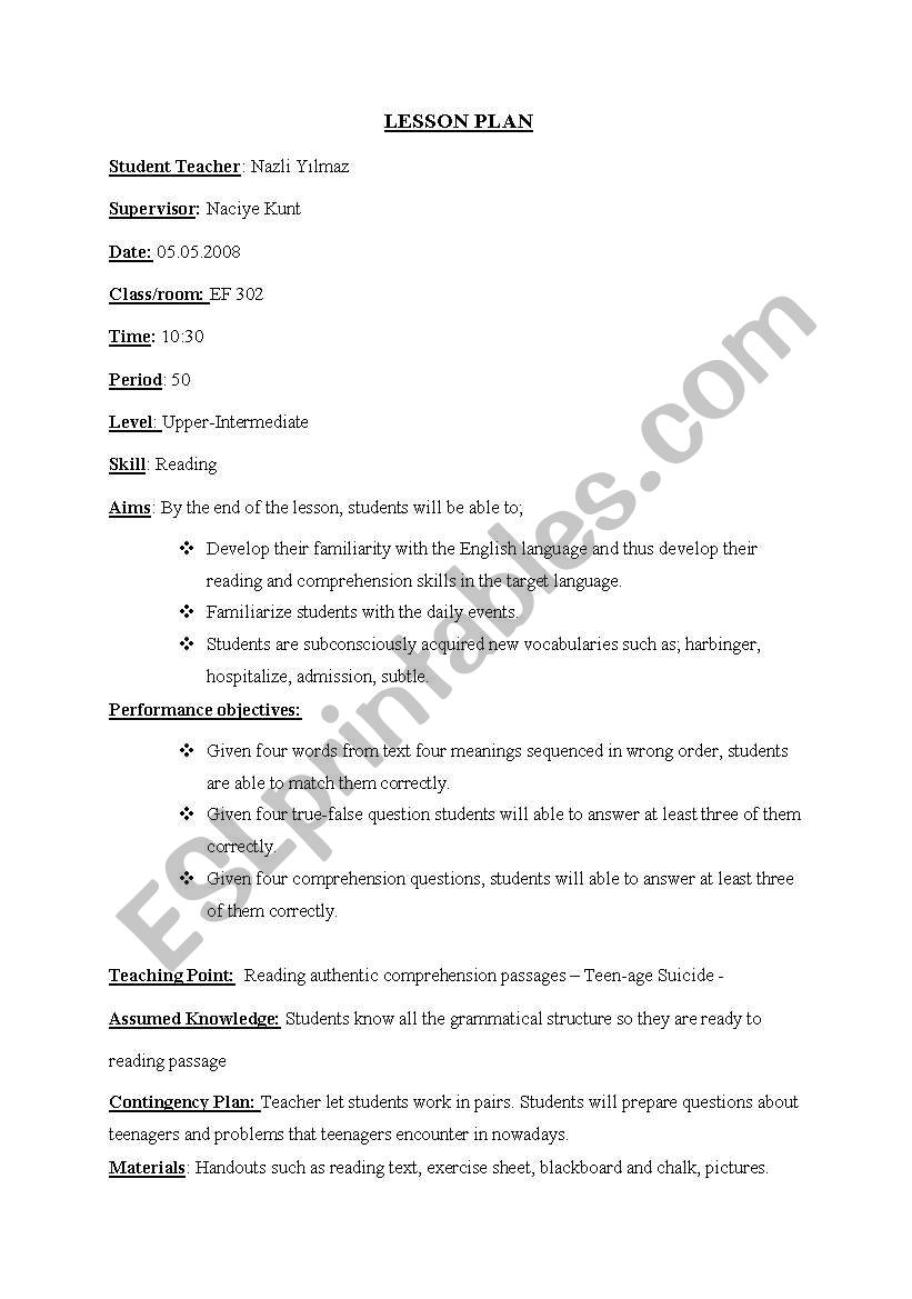 reading lesson plan worksheet