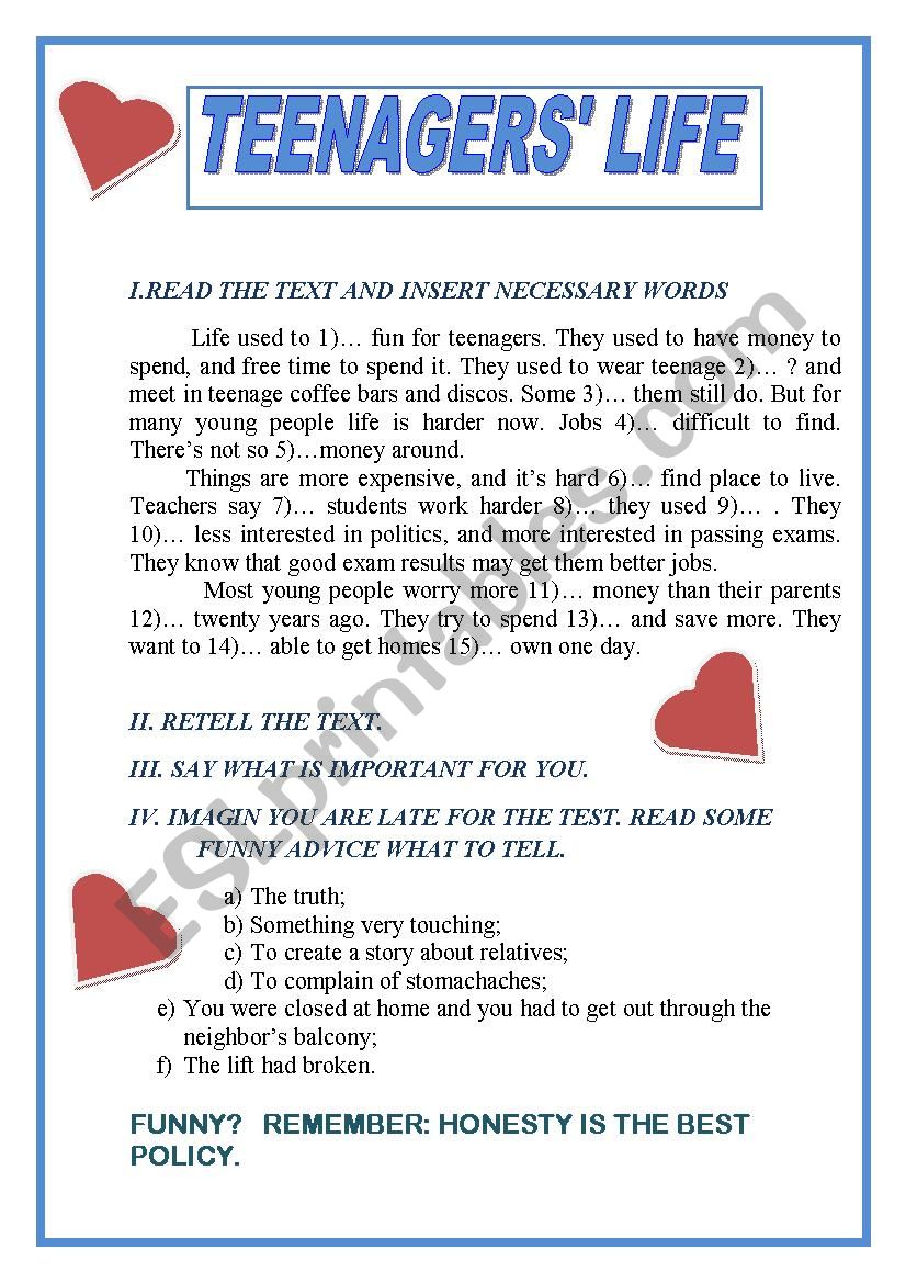 TeenagersÂ´ life worksheet