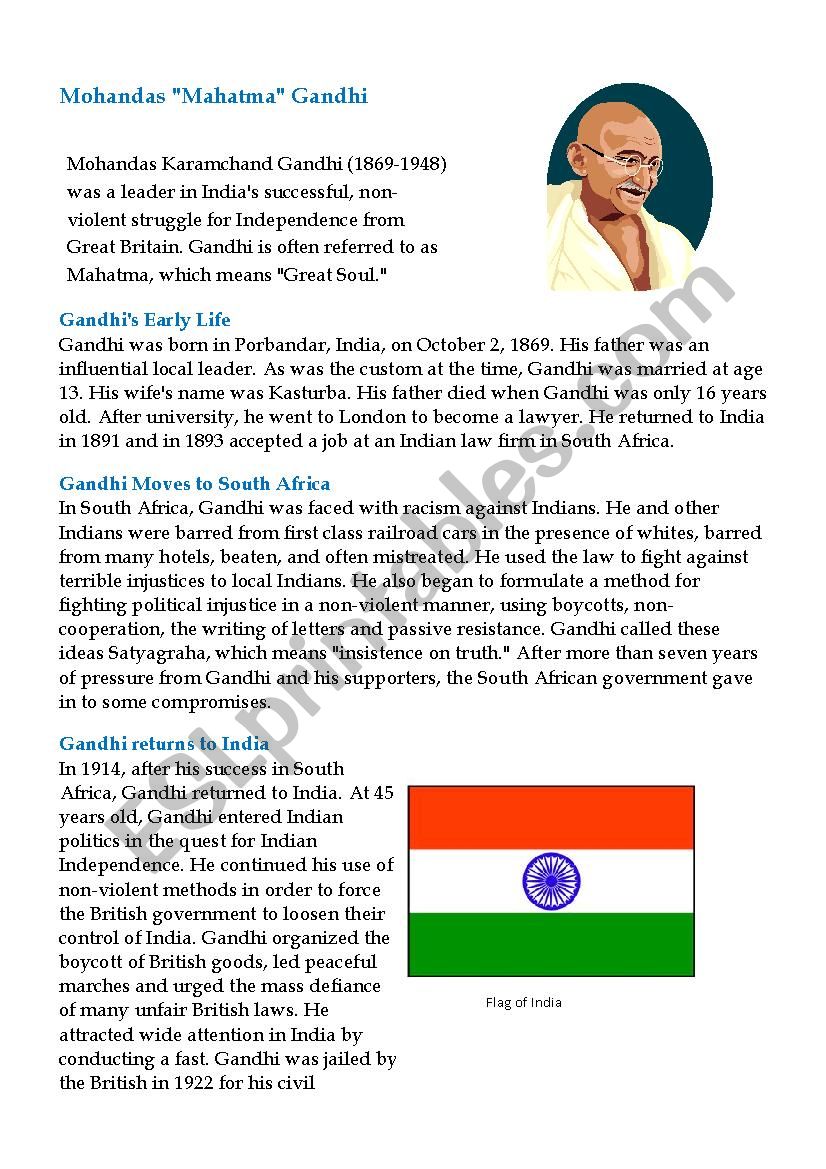 Gandhis biography worksheet