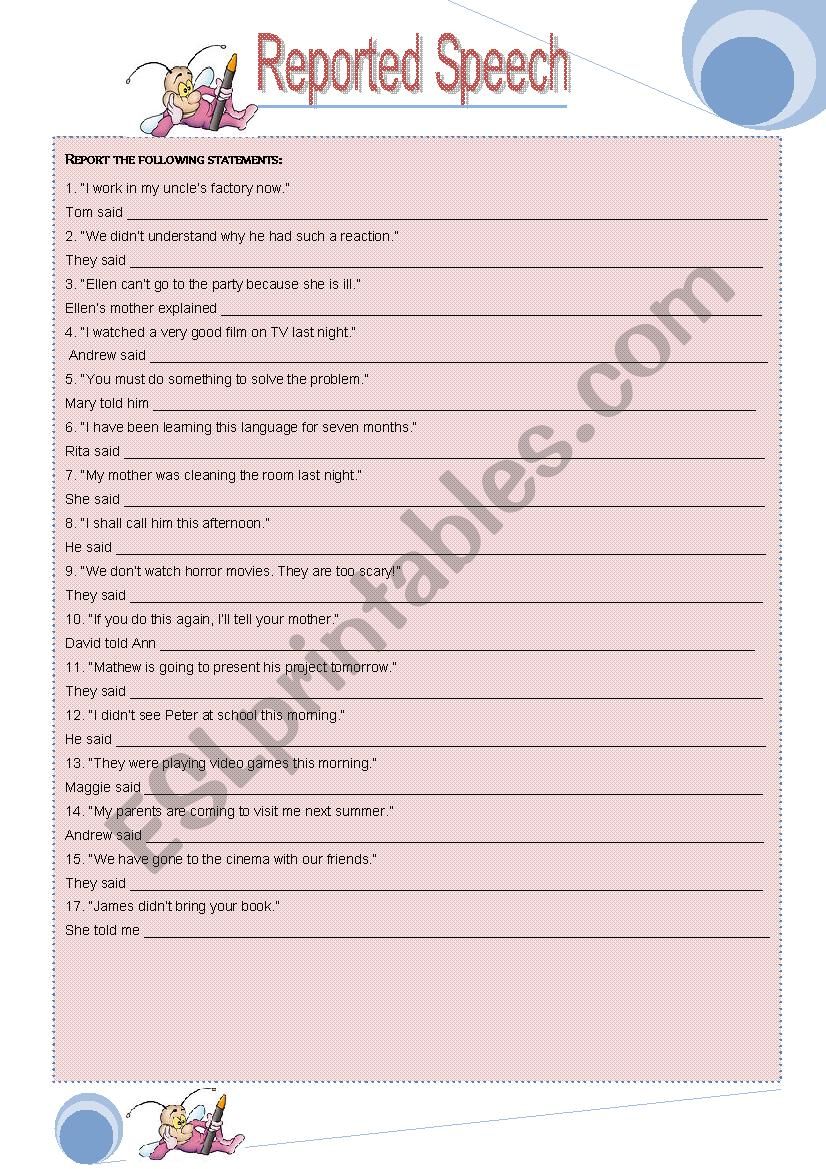 Reported Speech - exercises worksheet