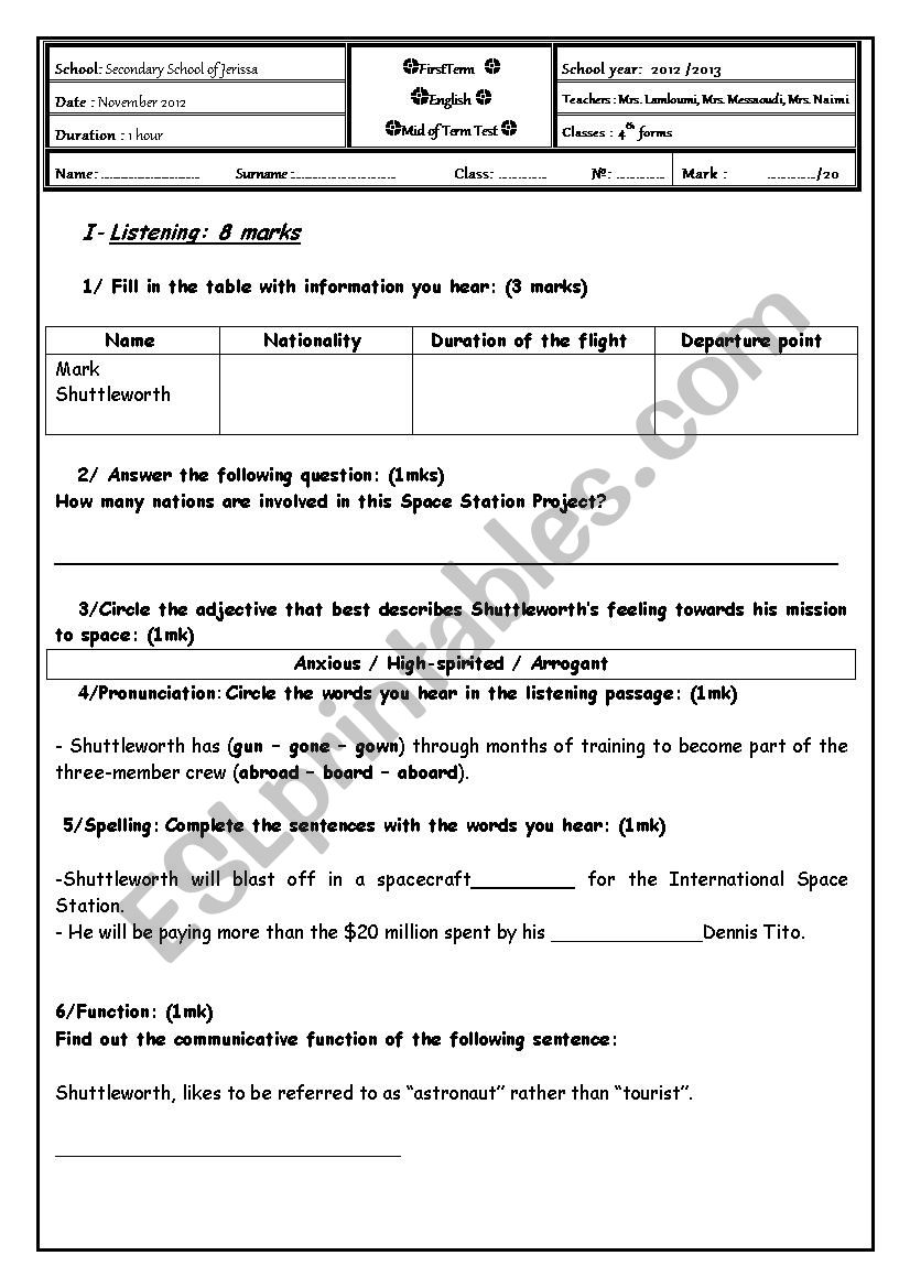 bac test (listening) worksheet