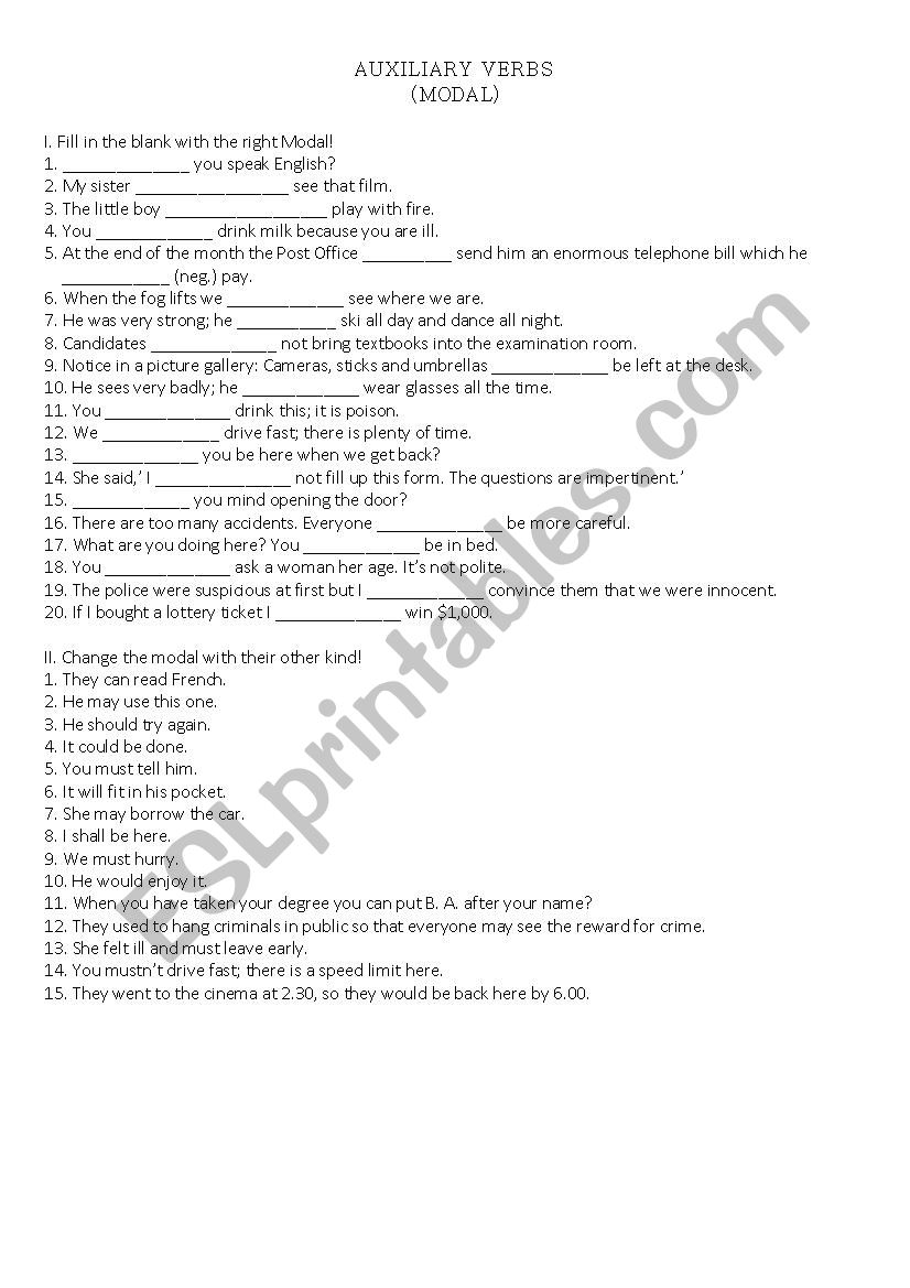 Exercise on Modal Verbs worksheet