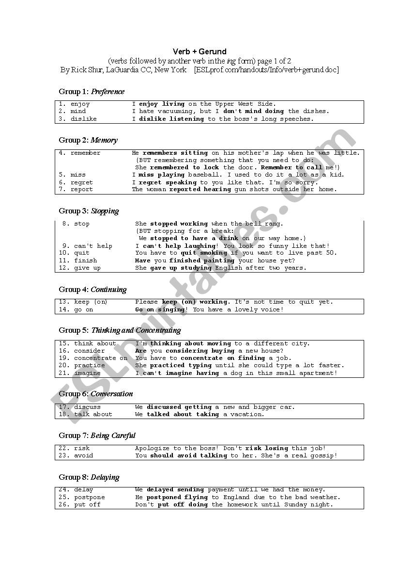 Verbs + geround worksheet