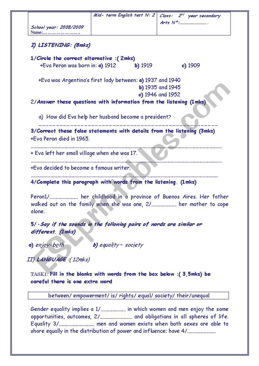 Mid-term test N 2 worksheet