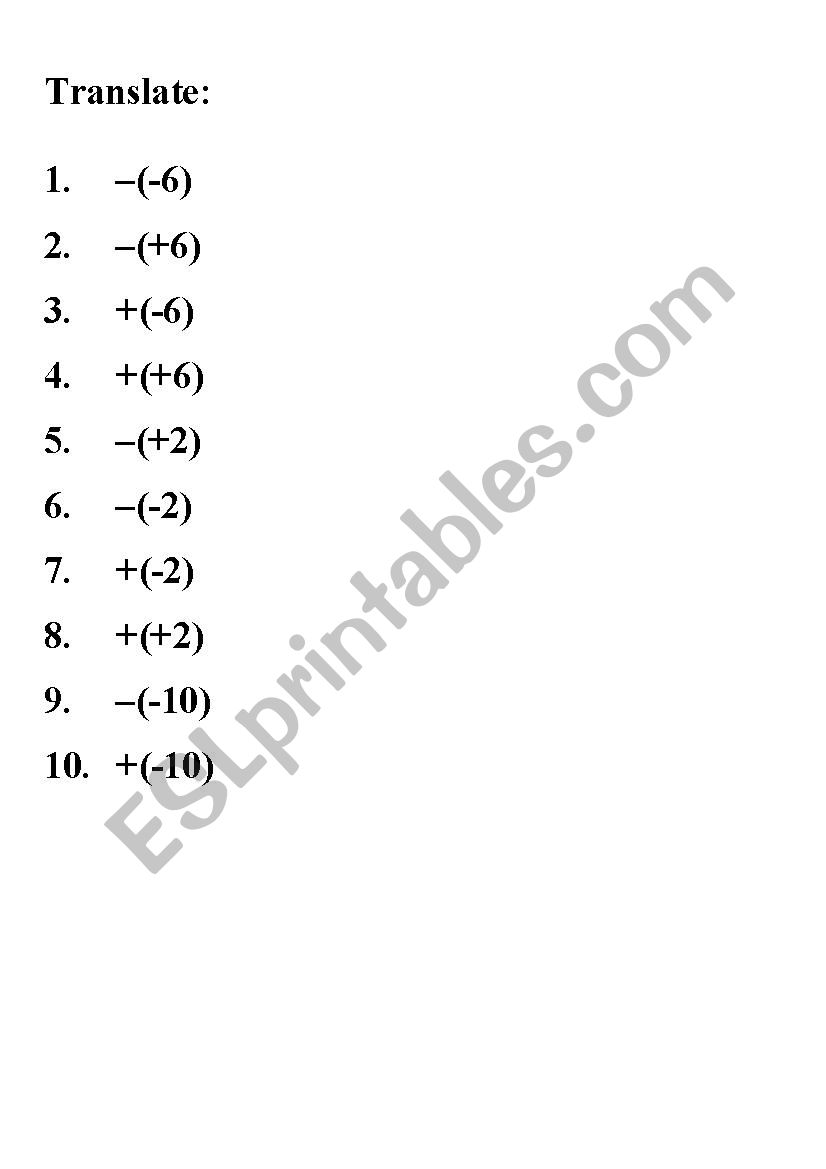 Translate Integers worksheet