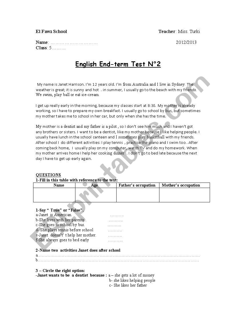 Exam worksheet