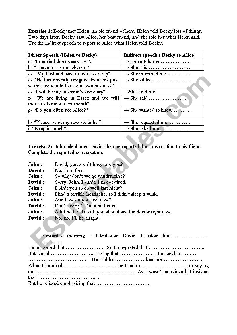 Reported Speech Practice worksheet