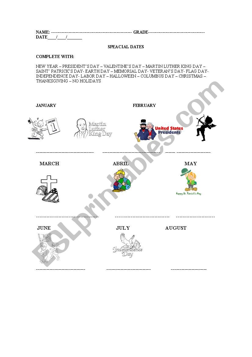 special dates worksheet