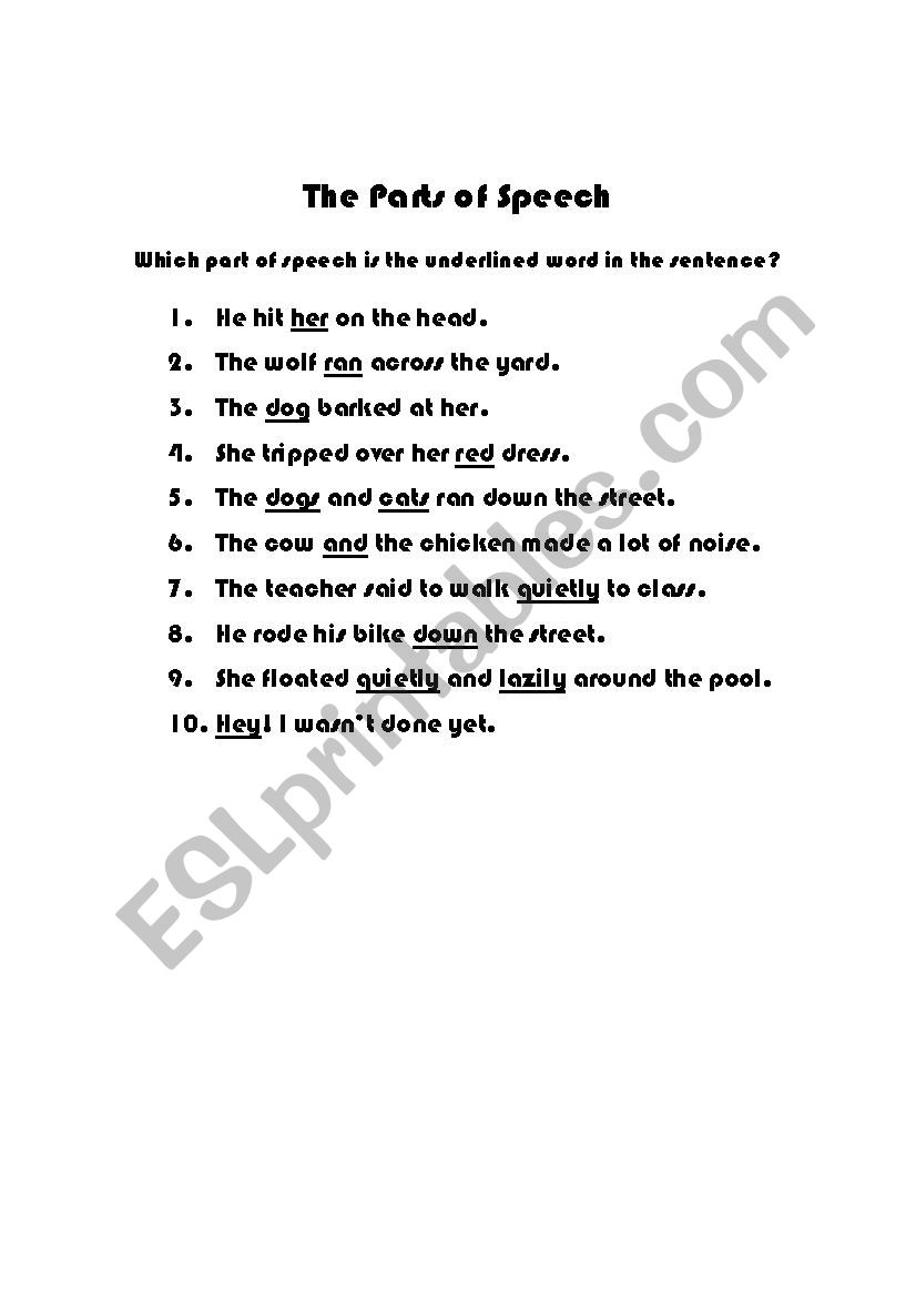 Parts of Speech Pretest worksheet
