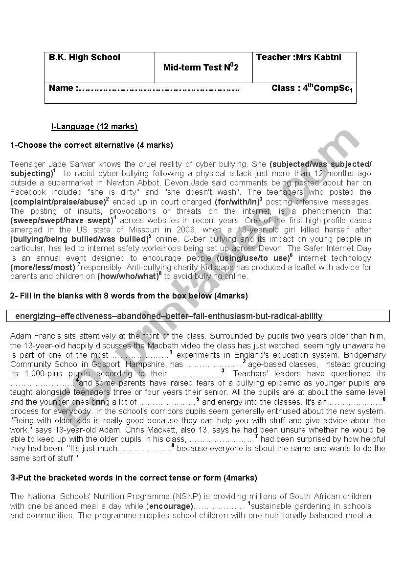 mid-term test 2 -4th form worksheet