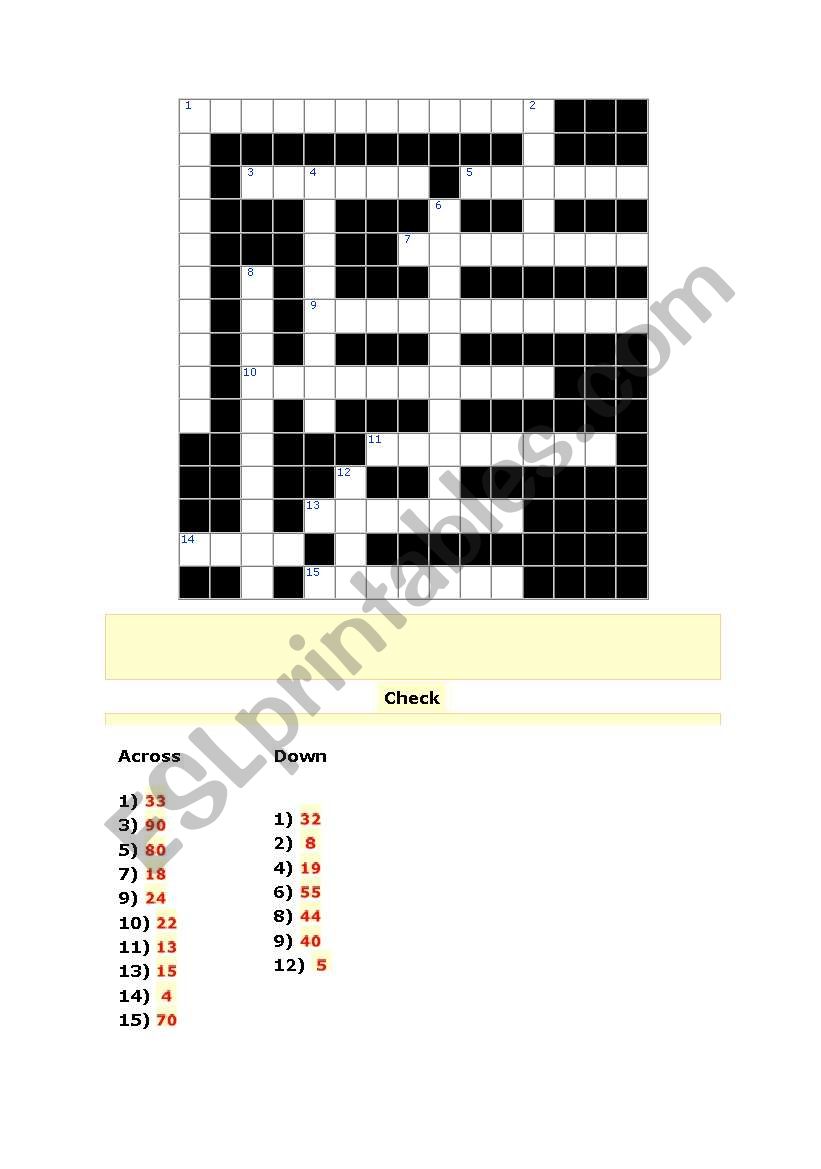 Crossword numbers worksheet
