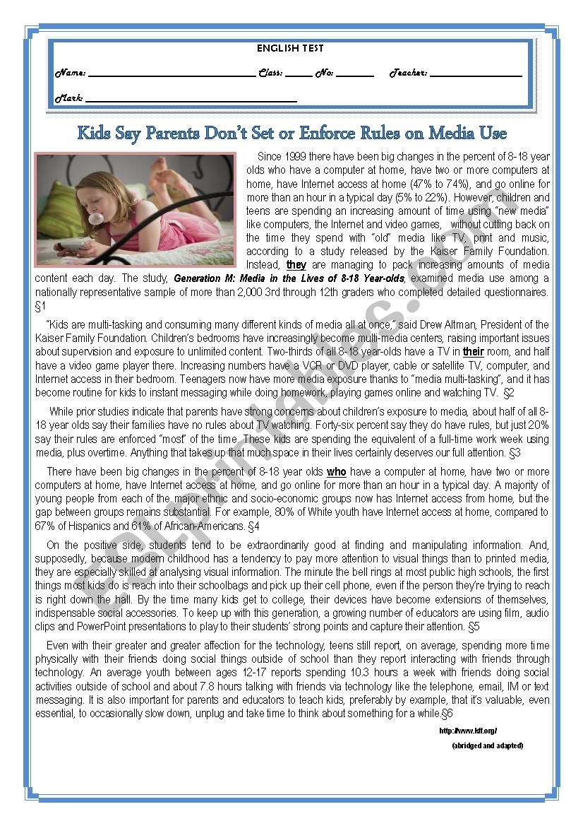 TEST- KIDS SAY PARENTS DONT SET OR ENFORCE RULES ON MEDIA USE- VERSION A