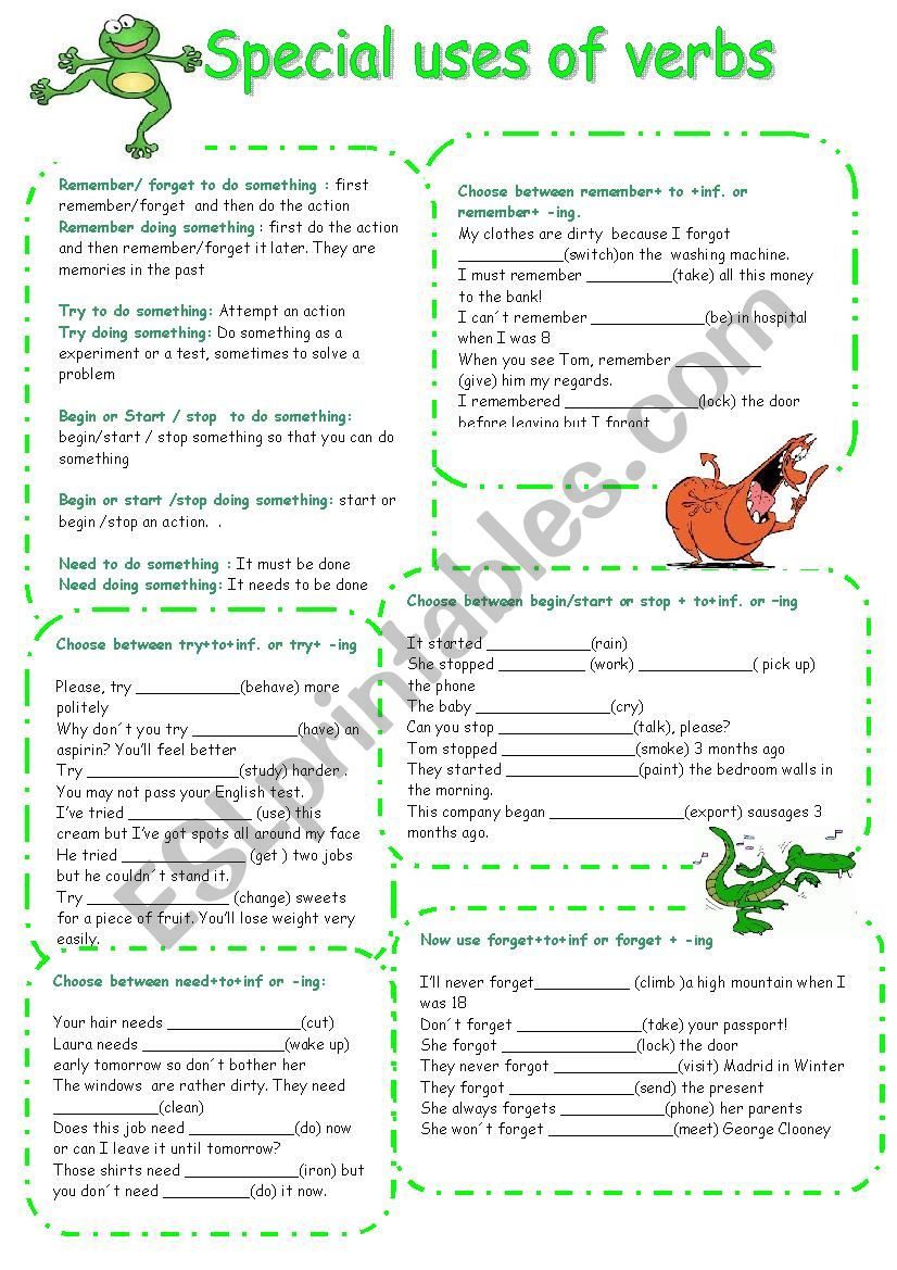 Special uses of some verbs worksheet