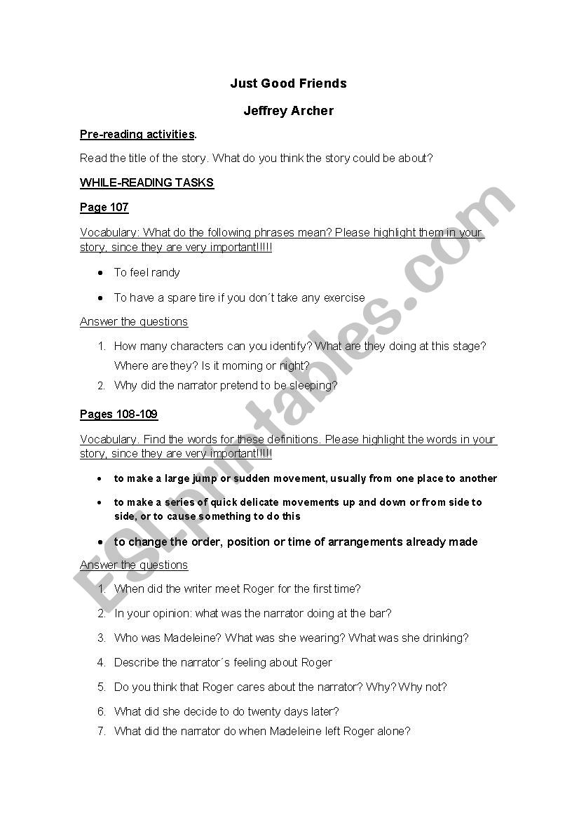 Just good friends worksheet