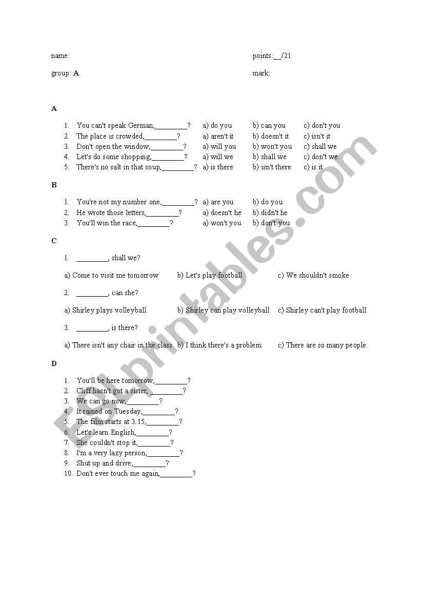 question tags worksheet