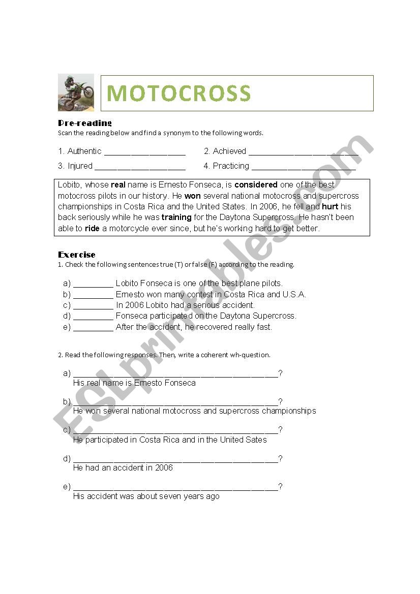 Motocross worksheet