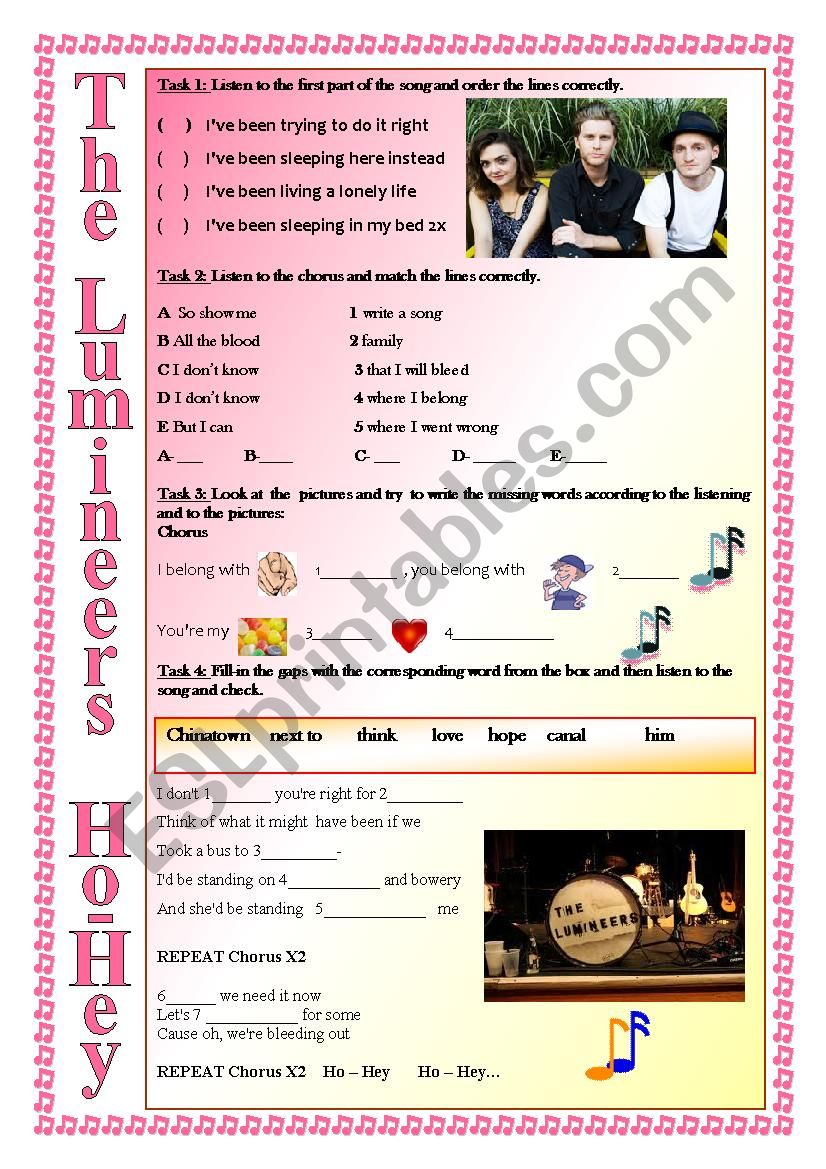 Ho Hey - The lumineers worksheet