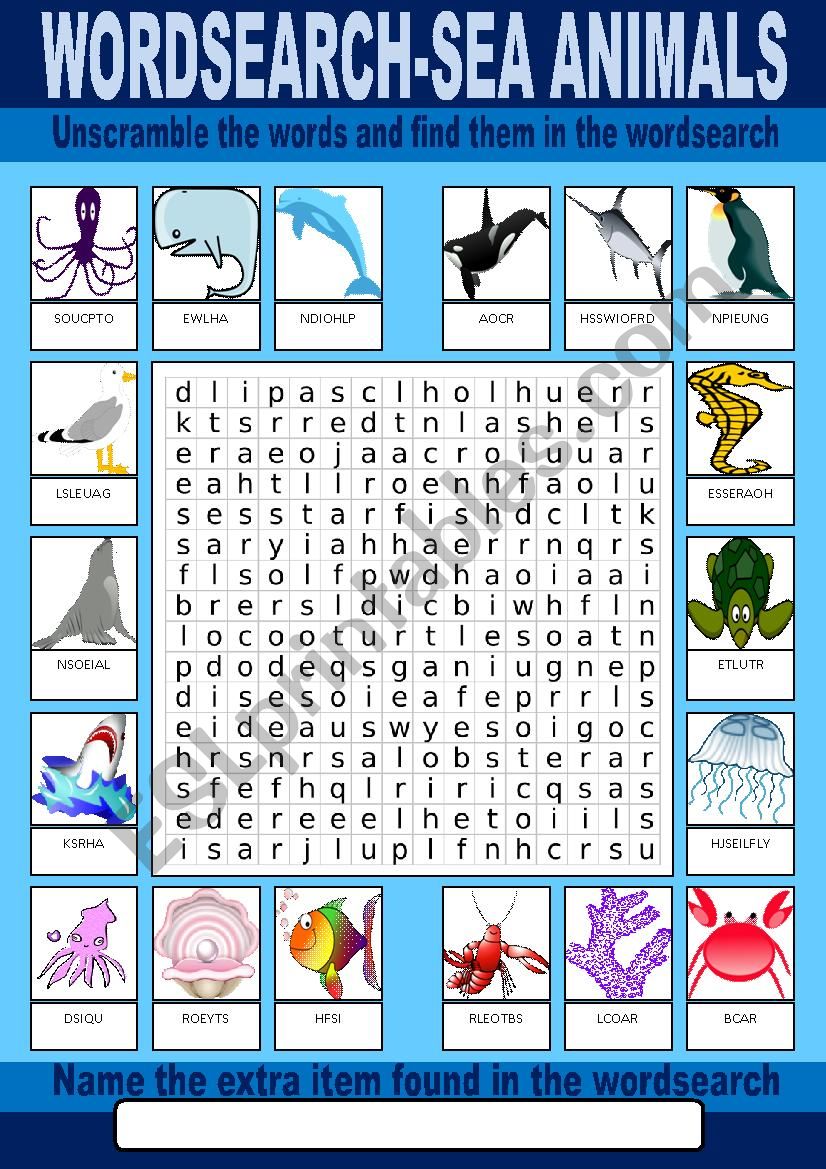 Sea Animals Wordsearch worksheet