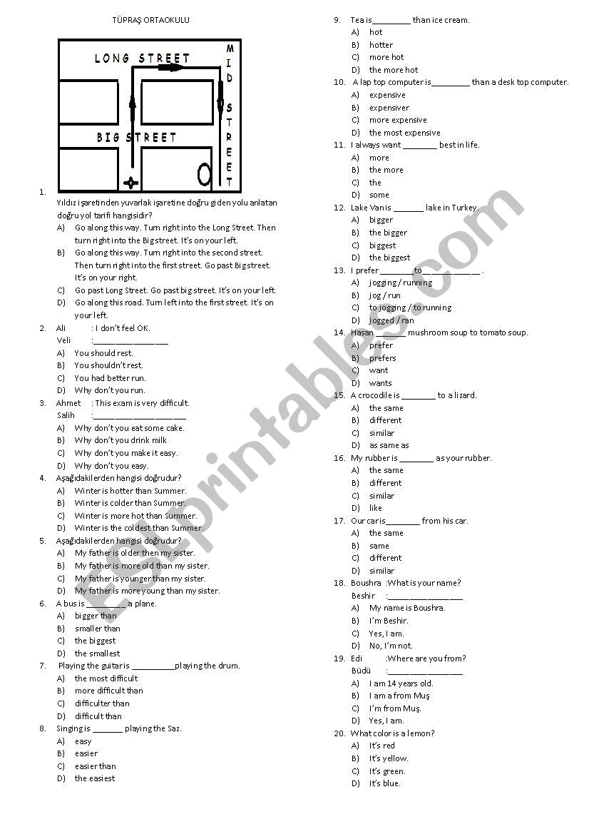 MULTIPLE CHOICE TEST ON COMPARATIVES AND DIRECTIONS