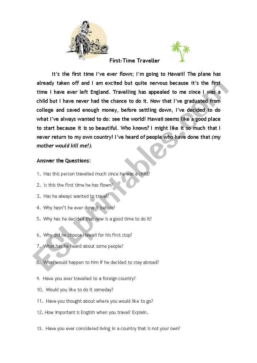 First-Time Traveller Text worksheet