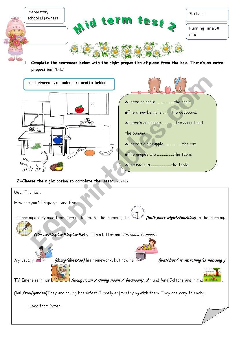 Mid term test 2 7th formers worksheet