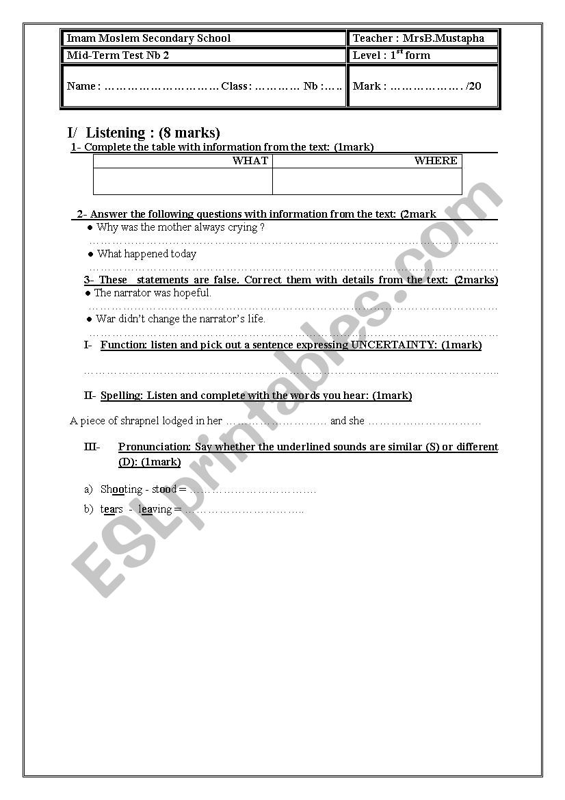 exam first form worksheet