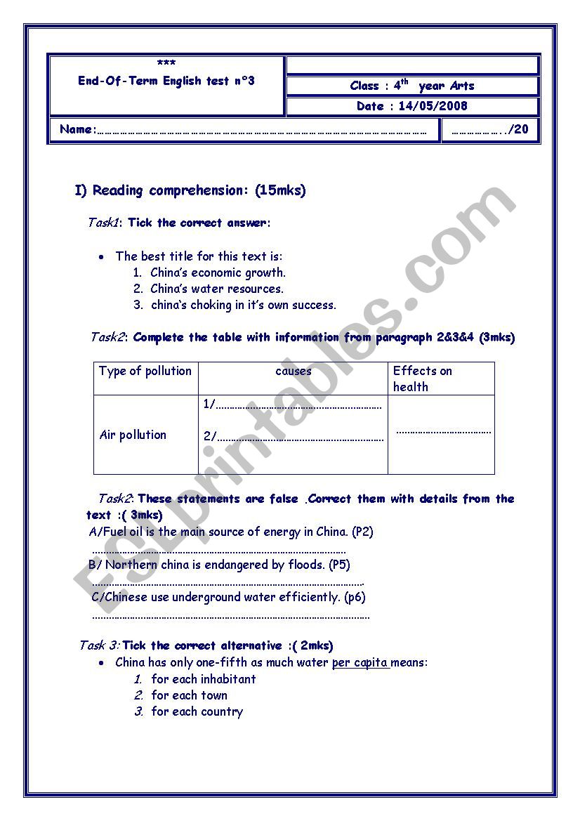 End of term test n:3 worksheet