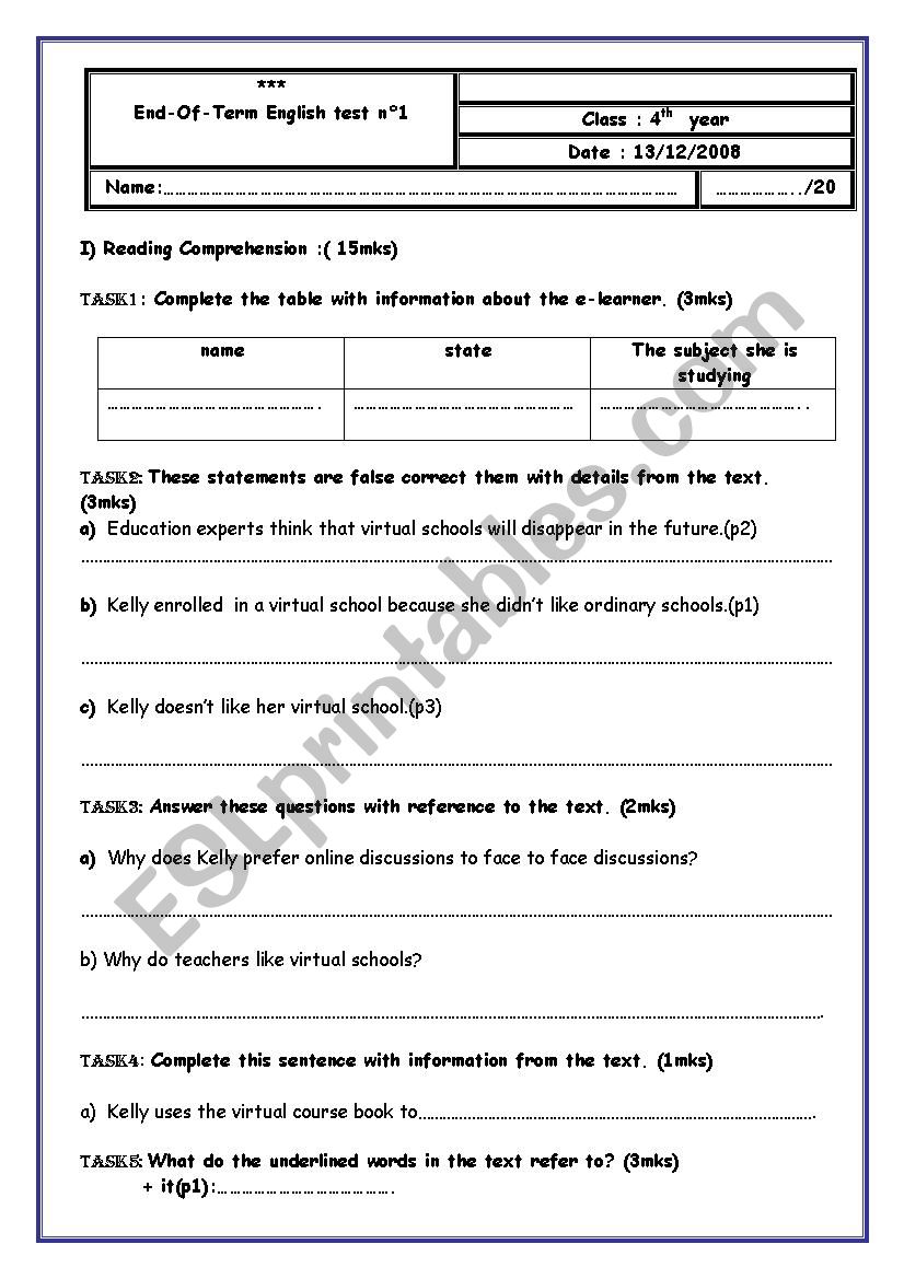 end of term test n:3 worksheet