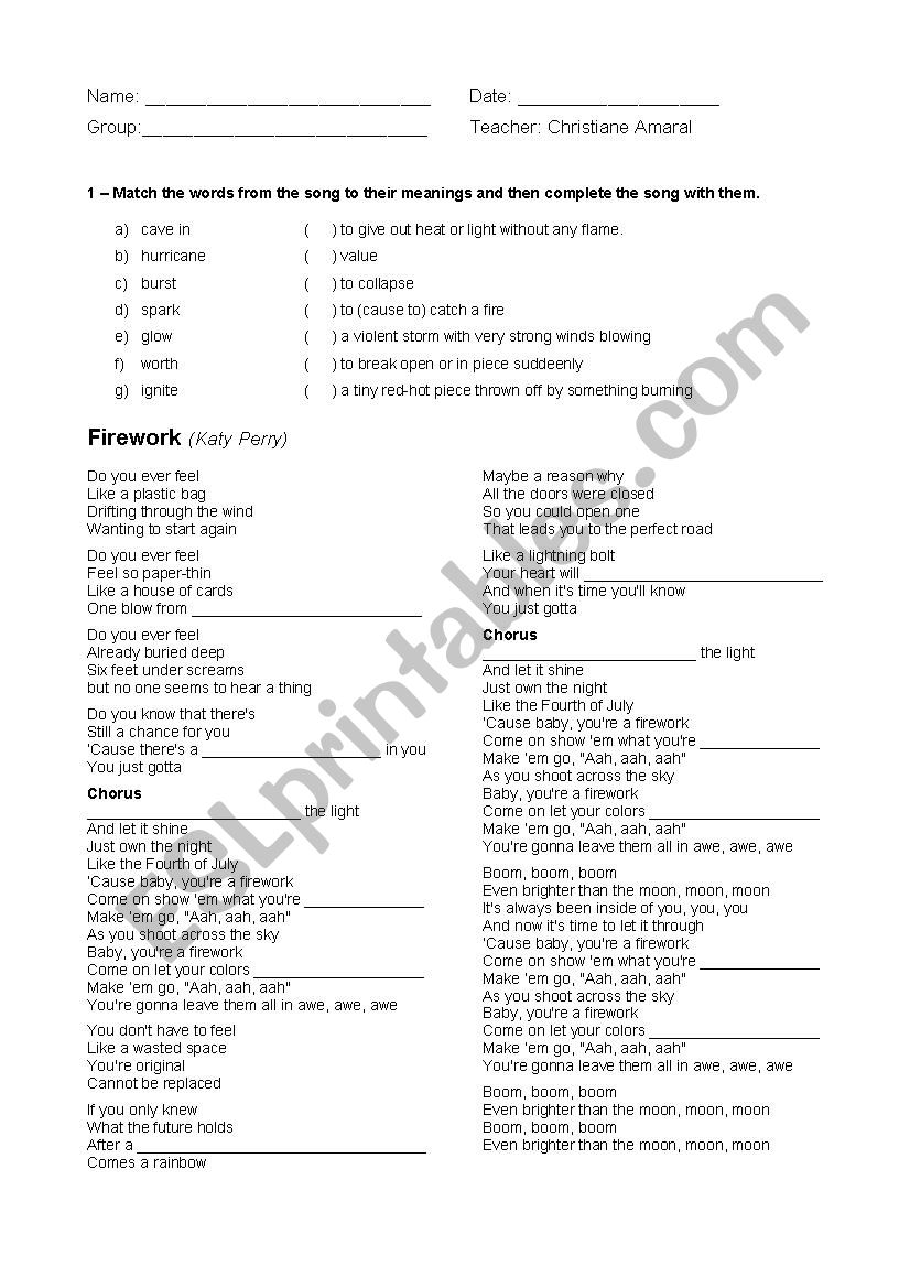 Firework by Katy Perry worksheet