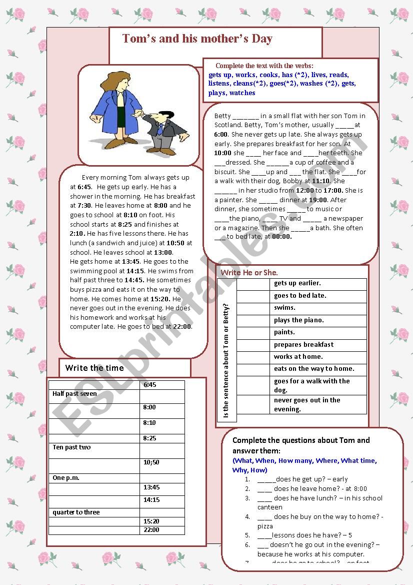 Toms working day worksheet