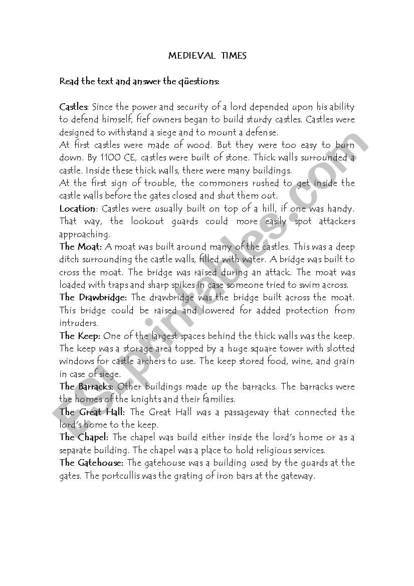 Medieval times reading worksheet