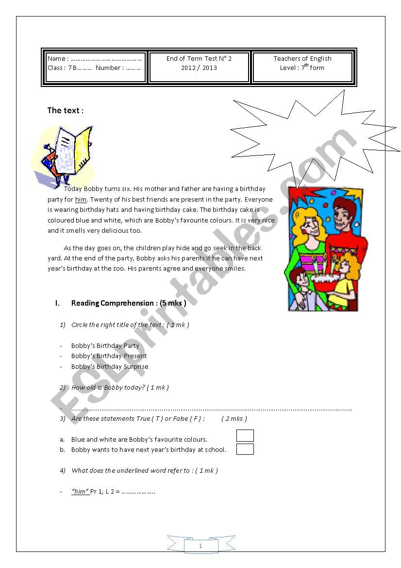 end of term test n 2 7th form worksheet