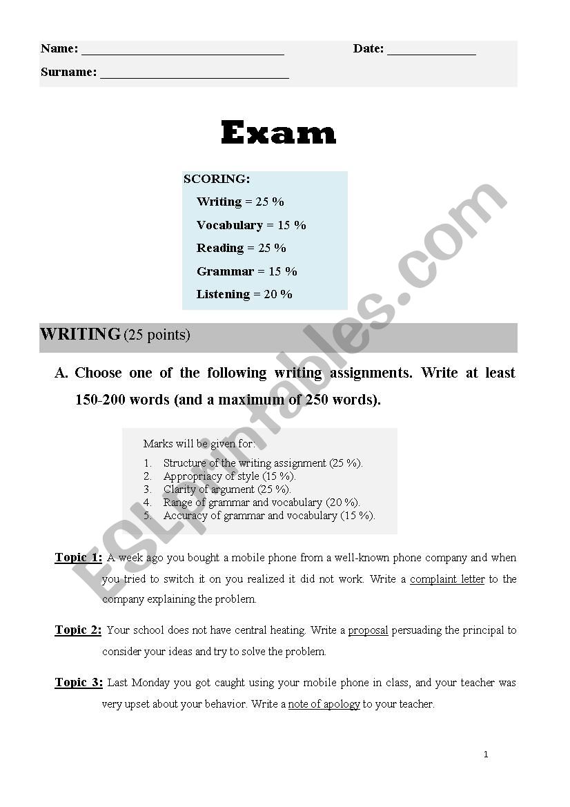 Exam: writing/vocabulary/grammar/listening/reading