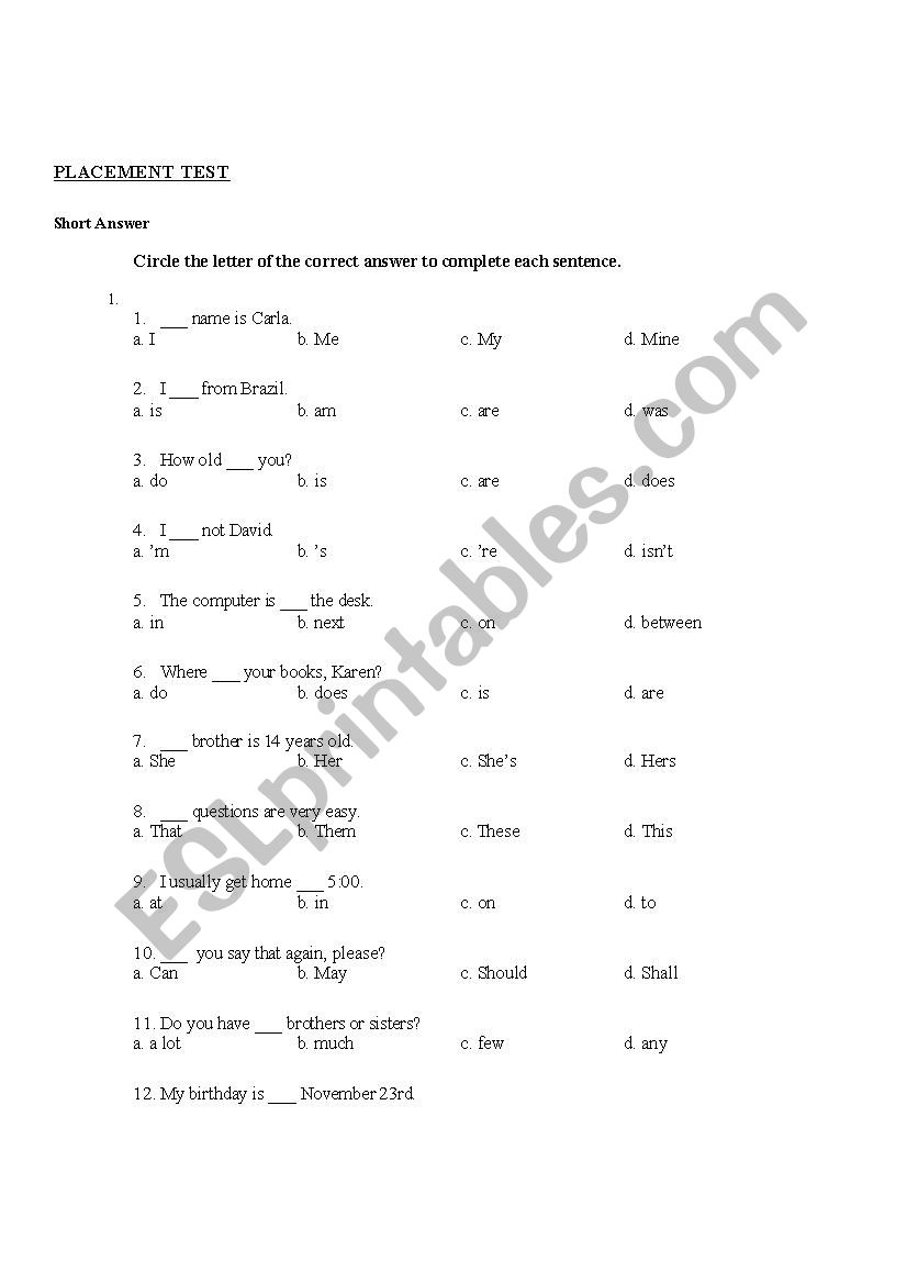 PLACEMENT TEST worksheet