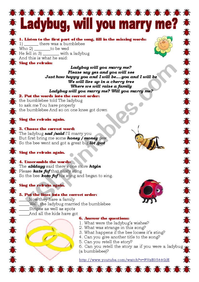 Ladybug, will you marry me? worksheet