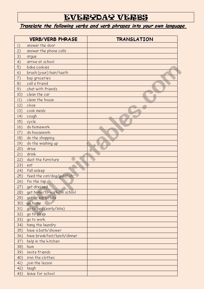 EVERYDAY VERBS worksheet