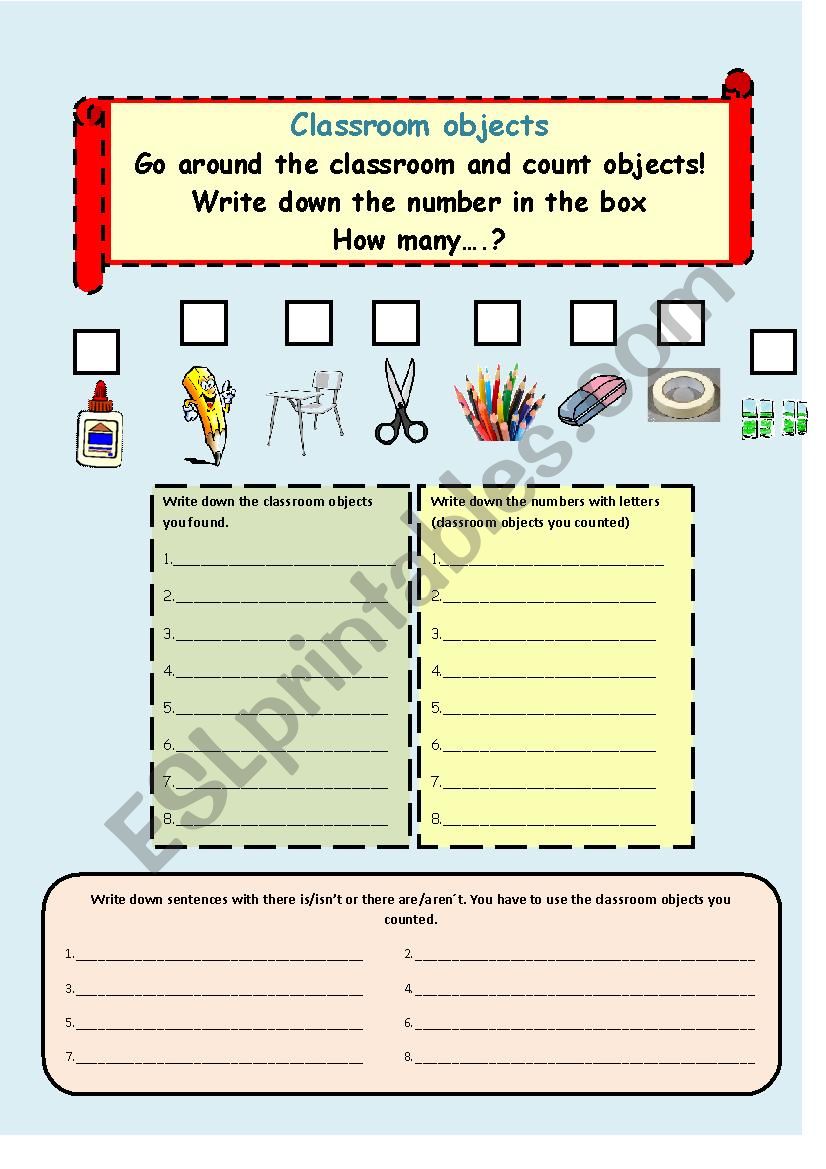 Counting classroom objects worksheet