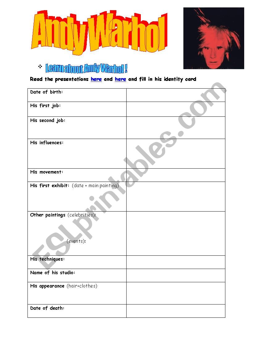 ANDY warhol webquest worksheet