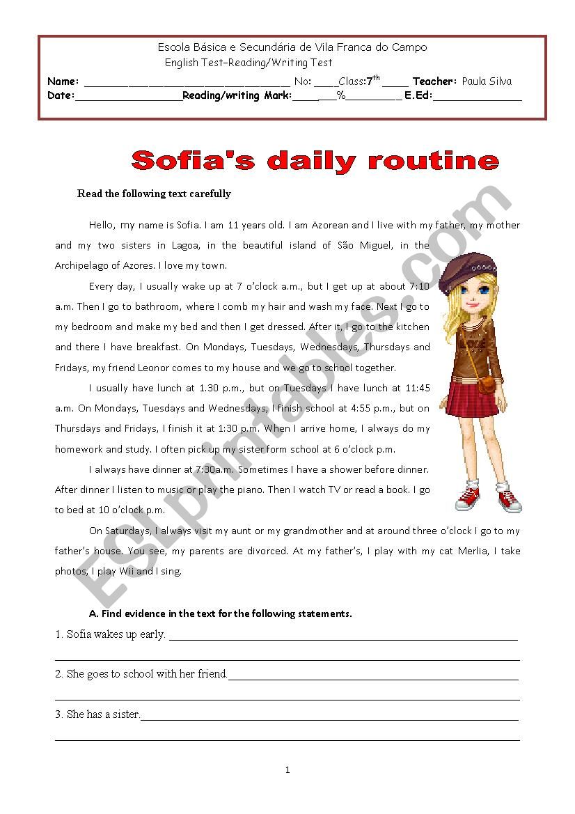 Sofias Daily Routine worksheet