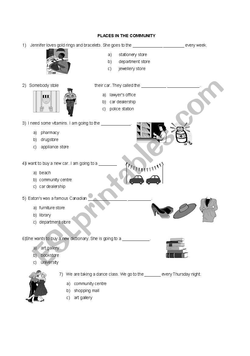 places in the community worksheet