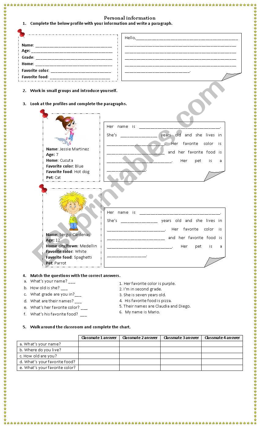 Personal Profile  worksheet