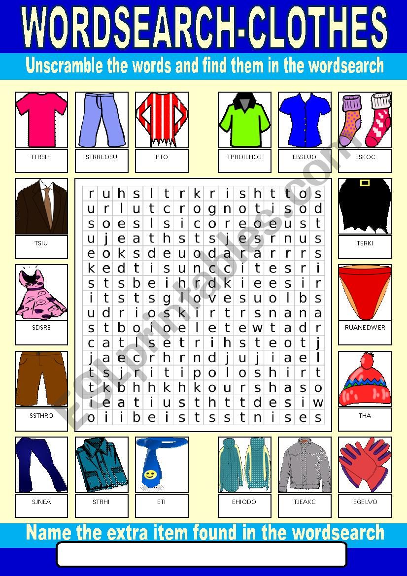 Clothes Wordsearch worksheet