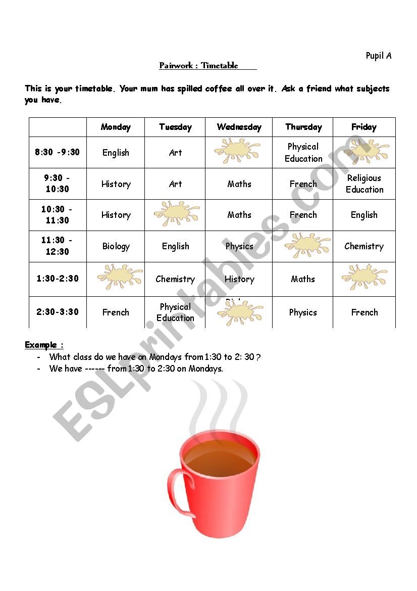 pairwork - timetable worksheet