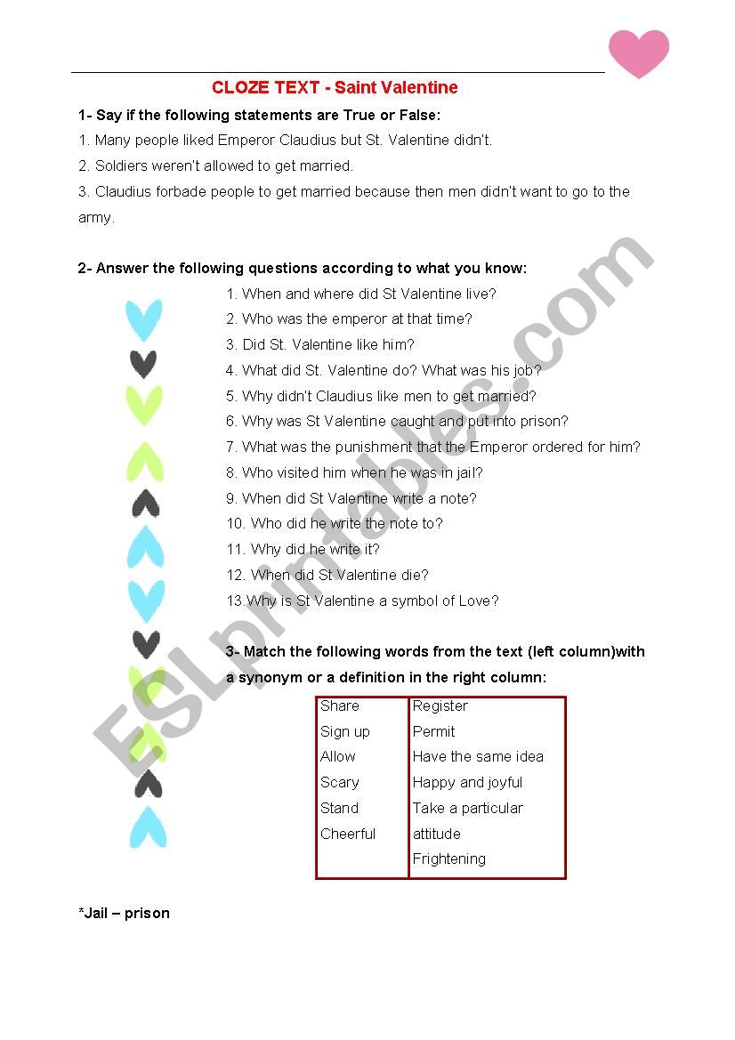 Cloze Test - Saint Valentine (goes with the reading printable)