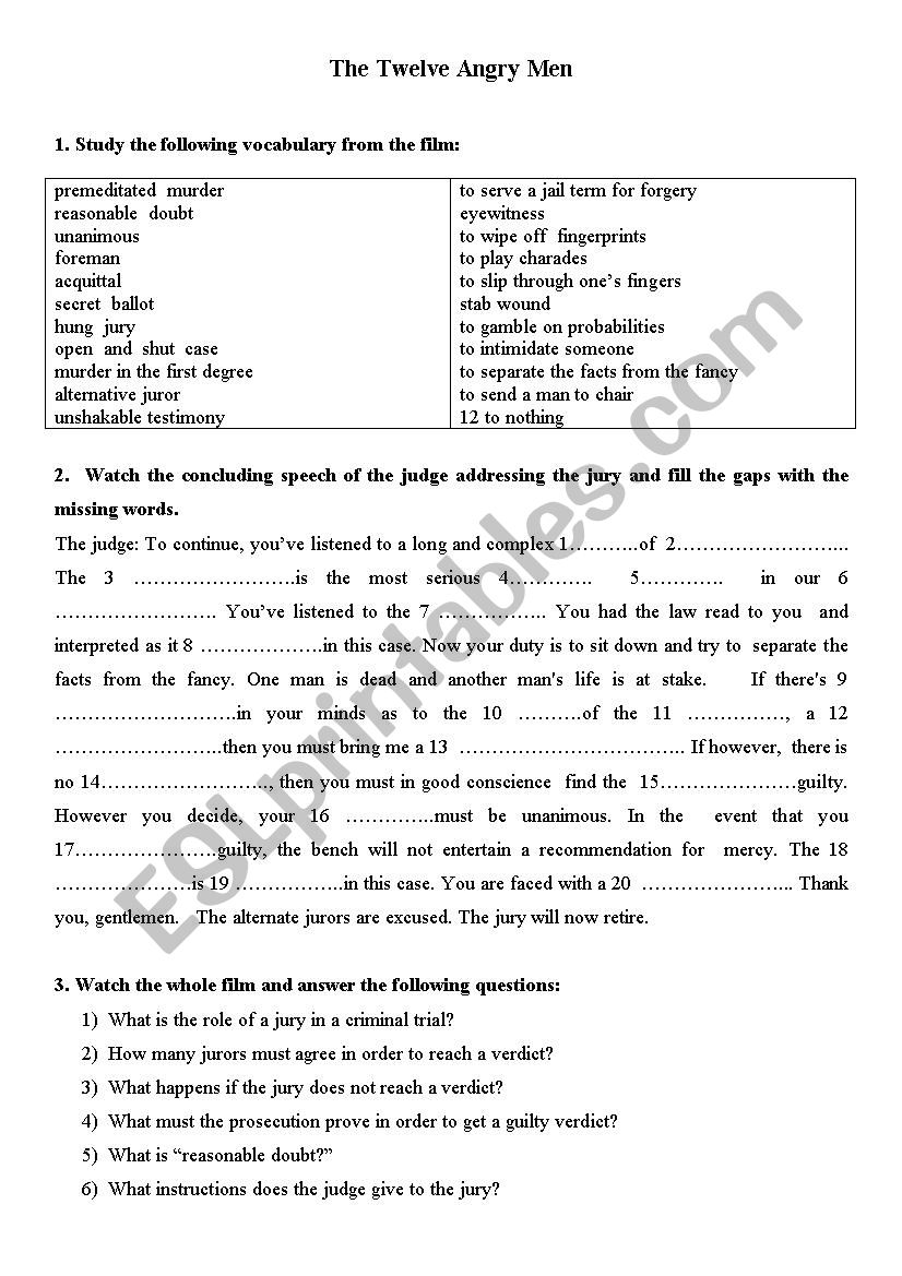 Twelve angry men  worksheet