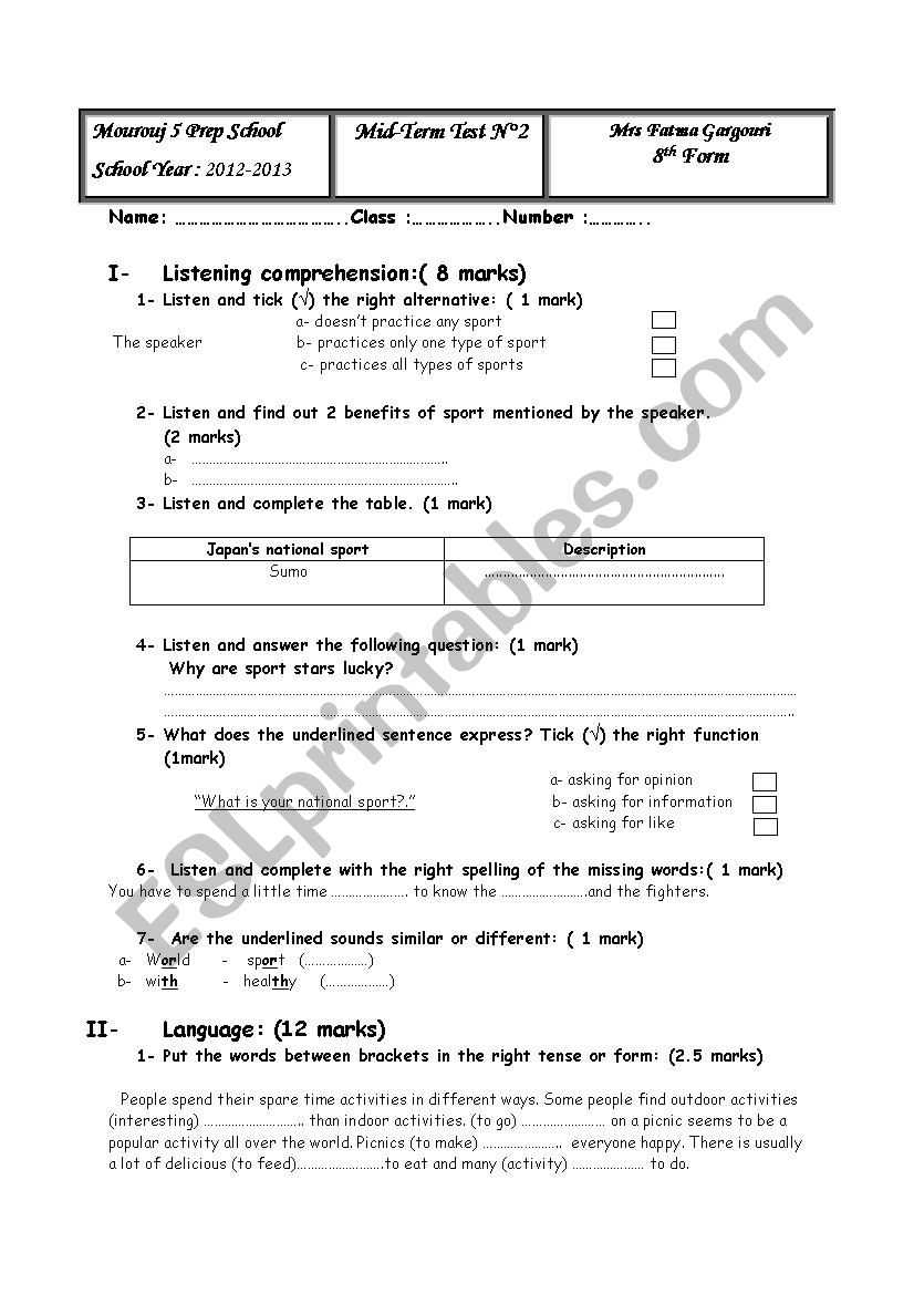 8th form Mid-Term TestN2 worksheet